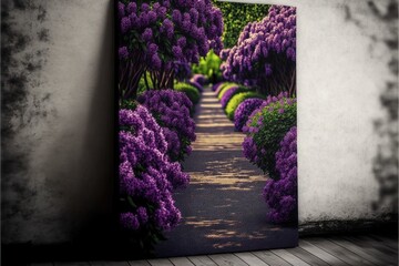 Sticker -  a painting of a path with purple flowers on it and a white wall behind it, with a wooden floor and a white wall with a white wall and a white wall with a white. Generative AI 