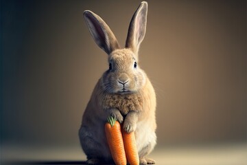 Sticker -  a rabbit holding two carrots in its paws and sitting on the ground with a dark background behind it, with a light colored background behind it, and a dark background, with a. Generative AI 