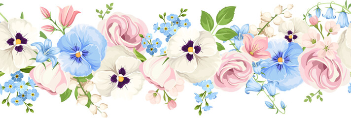 Wall Mural - Horizontal seamless border with pink, white, and blue lisianthus flowers, pansy flowers, bluebells, and forget-me-not flowers. Vector floral garland