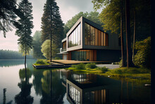 Modern Cabin House At Lake With Scenic View