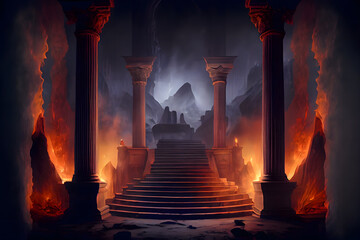 Wall Mural - The eternal fire, dark atmospheric landscape with stairs to ancient columns and font of fire, fantasy background