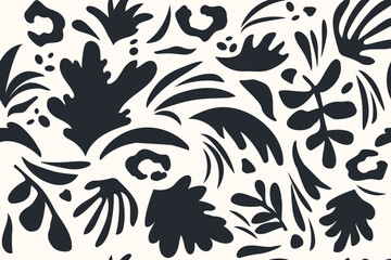 seamless pattern black and white collage of doodles of various pattern shapes - flowers, dots, twigs