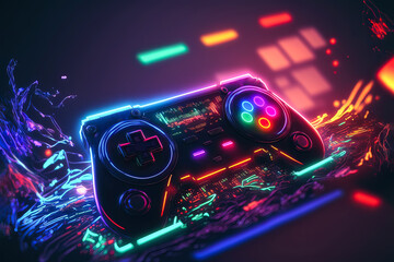 Wall Mural - Neon-stylized gamepad in a unique design. Future of gaming. Console gaming. Generative AI. Arcade.