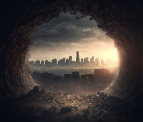 cave entrance overlooking a apocalypse city skyline. sunset storm.