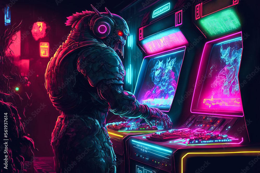 Unique wallpaper is the gamer of the future. Awesome picture of the arcade machine with neon lights and bright effects. Future of gaming concept. Generative AI