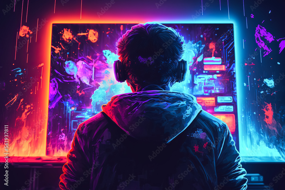 Unique wallpaper is the gamer of the future. Awesome picture of the arcade machine with neon lights and bright effects. Future of gaming concept. Generative AI