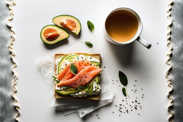 Wall Mural -  a sandwich with salmon, cucumber, and cream cheese on it next to a cup of tea and sliced avocado on a plate with seeds and leaves on a table cloth., generative ai