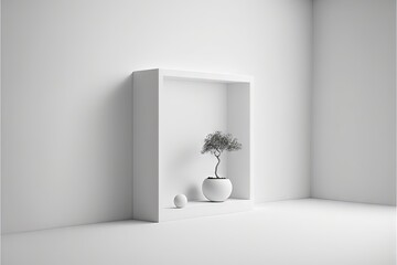 Wall Mural -  a white shelf with a plant and two vases on it in a room with white walls and flooring and a white wall with a white wall and a white floor and a white floor., generative ai