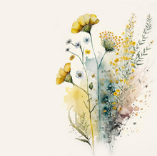 Bouquet Of Wildflowers In Yellow, Watercolor Painting - Digital Illustration