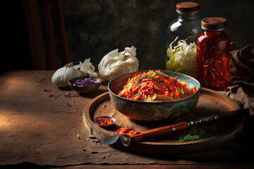 Wall Mural - On a wooden table, homemade organic traditional korean kimchi cabbage salad is displayed. Concept for fermented, vegan, and gut healthy food. Generative AI