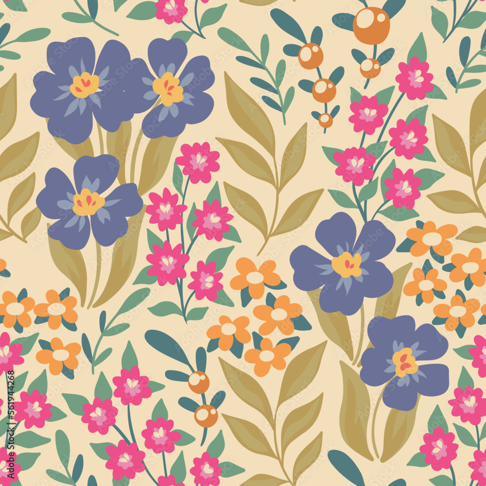 Seamless floral pattern with simple hand drawn garden. Cute flower print,  pretty botanical design with large and small wild flowers, herbs, leaves on  a light background. Vector illustration. Stock Vector | Adobe, image size:1000x1000