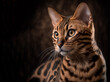 Bengal cat brown spotted domesticated leopard like image of a pet house cat.  The pet has expressive large healthy eyes.  Image was created with digital art.  