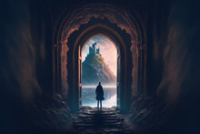 Man Standing In Front Of The Hallway Leading To The Mysterious Castle, Digital Art Style, Generative Ai