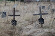 Stary  zardzewiały stalowy krzyż na cmentarzu wojennym. Krzaki. 