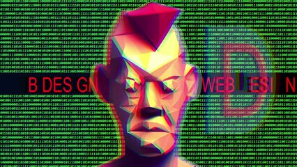 Low poly face against web design background