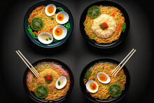 Set Of Serving Asian Ramen Noodle Soup With Asian Soups In Top View On A Dark Background. Generative AI