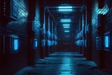 Fototapeta  - Sci Fi Alien Cyber Dark Hallway Room Corridor Neon Blue Lights On Stands Glossy Concrete Floor Brick Wall Rough Grunge 3D Rendering. AI generated art illustration.	
