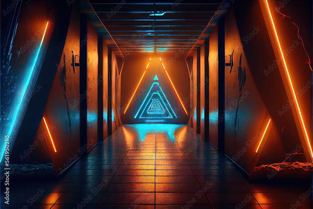 Sci Fi Futuristic Cyber Neon Triangles Glowing Blue Yellow Laser Lights ...
