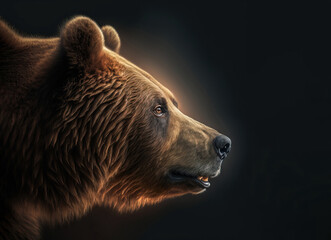 profile closeup on an alert brown bear showing its teeth isolated on black background