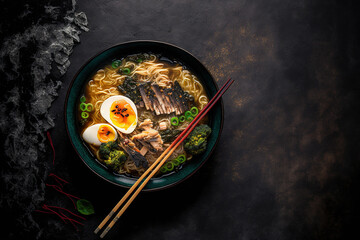 Wall Mural - Traditional Japanese soup ramen with Asian noodles, seaweed, eggs, ginger, and sliced pork over a background of dark concrete. Up close. Asian cuisine. looking up. Dinnertime hot and excellent ramen s