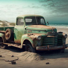 Old Rusty Pickup Truck On The Beach