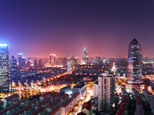 Night View Of City Landscape And Residential Complexes In Pudong, Shanghai, China.