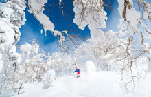 A Male Skier Is Riding In Deep Powder Snow. The Trees Are Covered With A White Layer And The Sky Is Blue. Fairy Tale Landscape.