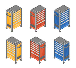 Tools Garage Cabinets Red Blue Yellow Color Set illustration isometric isolated vector