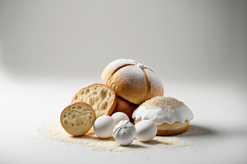 Sticker - a white composition with bread and buns. Generative AI