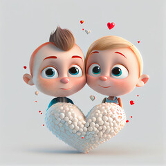 Wall Mural - Cute couple in love with hearts, valentine's day card 3d render illustration