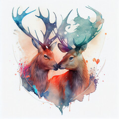 Wall Mural - Cute deers couple in love with hearts, watercolor illustration