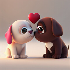 Wall Mural - Cute dogs couple in love with hearts, 3d render illustration