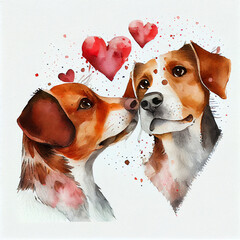 Wall Mural - Cute dogs couple in love with hearts, watercolor illustration