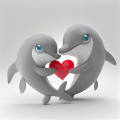 Wall Mural - Cute dolphin couple in love with hearts, 3d render illustration