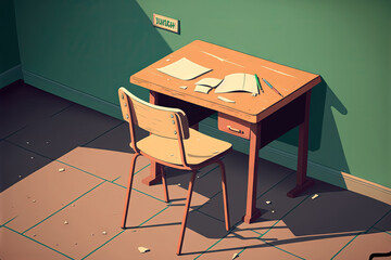 Poster - Empty school desk in school classroom. Generative AI