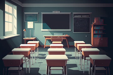 Sticker - Empty classroom with chairs, desks and chalkboard. Generative AI