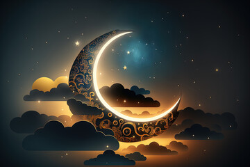 Sticker - Islamic Moon sky on dark blue dusk, twilight sky with sunset and lovely sunlight, dark cloud, and crescent moon, emblem of religion at islamic start Ramadan month, Eid fil Adha, Eid al fitr