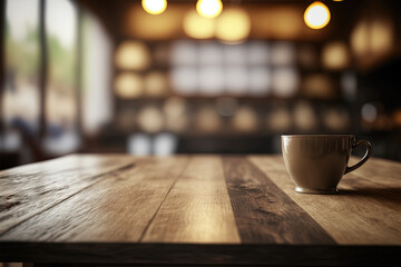 Poster - Wooden board empty Table Top And Blur Interior over blur in coffee shop Background, Mock up for display of product. Generative AI