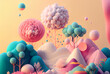 Cute tiny low poly country landscape with trees, plants, bushes, mountains and balloons 3d style mattepainting geometric illustration for kids