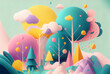 Cute tiny low poly country landscape with trees, plants, bushes, mountains and balloons 3d style mattepainting geometric illustration for kids