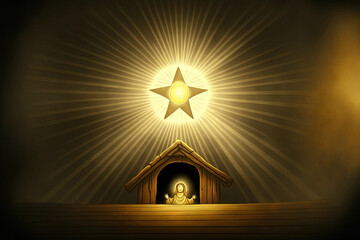 Poster - The star shines over the manger of christmas of Jesus Christ. Generative AI