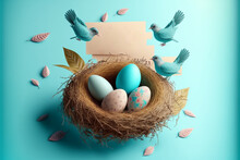 Easter Poster Banner Template With Easter Eggs In The Nest On Light Blue Background. Generative AI