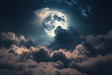 Wall Mural - the night sky with the full moon between the clouds. generative ai