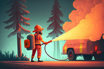 Sticker - Firefighter using extinguisher or Twirl water fog type fire extinguisher to spray water from hose for fire fighting with fire flame on fuel and control fire for safety in plant of industrial area