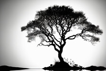 Solitary Tree Silhouette On A White Background. Generative AI