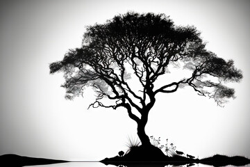 solitary tree silhouette on a white background. Generative AI