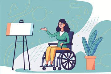 Woman in wheelchair giving a presentation with abstract background. Flat vector illustration, generative art