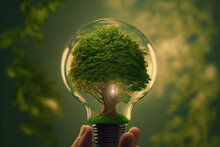 On A Green Background, A Holding A Lightbulb Has A Tree Inside It. Utilizes Solar And Natural Energy Sources And Demonstrates Energy Savings. Saving Energy Benefits The Planet As Well As Ourselves