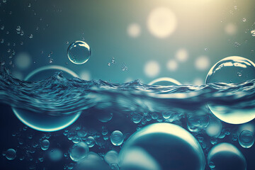 Poster - splashes and bubbles on a surface of serene, calm, translucent, blue tone. a modern, abstract background of nature. Water waves with copy space in the sun. Generative AI