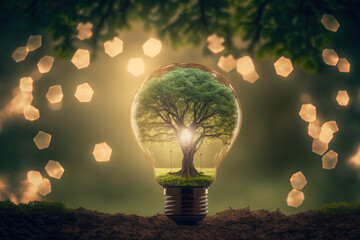 Wall Mural - On a background of natural green bokeh, a tree is illuminated by a lightbulb. Ecological notion of saving the earth with green energy. Generative AI